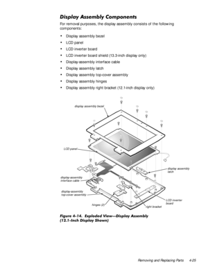 Page 61Removing and Replacing Parts 4-25
LVSOD\$VVHPEO\&RPSRQHQWV
For removal purposes, the display assembly consists of the following 
components:
‡Display assembly bezel
‡LCD panel
‡LCD inverter board
‡LCD inverter board shield (13.3-inch display only)
‡Display-assembly interface cable 
‡Display assembly latch
‡Display assembly top-cover assembly
‡Display assembly hinges
‡Display assembly right bracket (12.1-inch display only)
)LJXUH  ([SORGHG 9LHZ³LVSOD\ $VVHPEO\
,QFK LVSOD\ 6KRZQ...