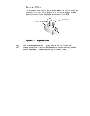 Page 704-34 Dell Latitude CP and CPi Service Manual
Samsung LCD Panel
Place a single, small magnet and a foam spacer in the magnet holder, as 
shown in Figure 4-20. Place the magnet to the left of the foam spacer, 
assuming you are facing the display as shown in Figure 4-19. 
)LJXUH  0DJQHW +ROGHU
NOTE: When replacing the LCD panel, ensure that the tabs on the 
display-assembly EMI shield fit over the four LCD-panel mounting bosses. 
(This is necessary for adequate grounding of the LCD panel.)
foam...