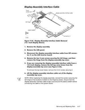 Page 73Removing and Replacing Parts 4-37
LVSOD\$VVHPEO\,QWHUIDFH&DEOH
   
)LJXUH  LVSOD\$VVHPEO\ ,QWHUIDFH &DEOH 5HPRYDO
,QFK LVSOD\ 6KRZQ
 5HPRYH WKH GLVSOD\ DVVHPEO\
 5HPRYH WKH /& SDQHO
 LVFRQQHFW WKH GLVSOD\DVVHPEO\ LQWHUIDFH FDEOH IURP =,) FRQQHF
WRU - RQ WKH /& LQYHUWHU ERDUG
 5HPRYH WKH WZR PP VFUHZV VHFXULQJ WKH OHIW KLQJH DQG WKHQ
UHPRYH WKHKLQJHIURP WKH GLVSOD\DVVHPEO\ WRS FRYHU
 ,I \RX DUH UHPRYLQJ WKH GLVSOD\DVVHPEO\ LQWHUIDFH FDEOH IURP D
LQFK GLVSOD\...