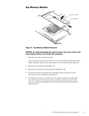 Page 17Dell Latitude CS Portable Computers Service Manual 9
7RS0HPRU\0RGXOH
)LJXUH7RS0HPRU\0RGXOH5HPRYDO
127,&(7RDYRLGGDPDJLQJWKHV\VWHPERDUG\RXPXVWUHPRYHWKH
PDLQEDWWHU\EHIRUH\RXVHUYLFHWKHFRPSXWHU
1. Remove the status indicator panel. 
Use a flat-blade screwdriver to press in on the three tabs that secure the 
status indicator panel to the back panel of the computer (see Figure 9).
2. Remove the keyboard (see Figure 13).
3. Remove the thermal cooling solution (see Figure 18).
4....