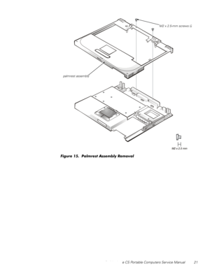 Page 29Dell Latitude CS Portable Computers Service Manual 21

)LJXUH3DOPUHVW$VVHPEO\5HPRYDO
M2 x 2.5-mm screws (2
palmrest assembly 