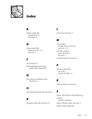 Page 39Index 31
,QGH[
%
bottom assembly
components, 
22
illustrated, 22

display assembly
bezel removal, 
13, 14
removal, 11
)
fan removal, 29
field-replaceable parts and 
assemblies illustrated, 
6
*
grounding to dissipate static 
electricity, 
3
+
hard-disk drive assembly removal, 7
.
keyboard assembly removal, 18
/
LCD panel removal, 15
0
main battery
release latch removal, 
23
removal, 3, 23
memory module
cover removal, 
8
removal, 8
microprocessor removal, 29
3
palmrest assembly
removal, 
21
screws...