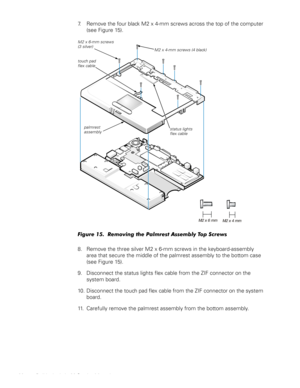 Page 2420 Dell Latitude L400 Service Manual
7. Remove the four black M2 x 4-mm screws across the top of the computer 
(see Figure 15). 
 
Figure 15.  Removing the Palmrest Assembly Top Screws
8. Remove the three silver M2 x 6-mm screws in the keyboard-assembly  
area that secure the middle of the palmrest assembly to the bottom case 
(see Figure 15).
9. Disconnect the status lights flex cable from the ZIF connector on the 
system board.
10. Disconnect the touch pad flex cable from the ZIF connector on the...