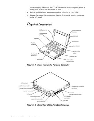 Page 121-2 Dell Latitude LM Systems Service Manual
warm swapping. However, the CD-ROM must be in the computer before or 
during boot in order for the drivers to load.
•Built-in serial infrared transmitter/receiver, effective to 1 m (3.3 ft).
•Support for connecting an external diskette drive to the parallel connector 
on the I/O panel.
Physical Description
Figure 1-1.  Front View of the Portable Computer
Figure 1-2.  Back View of the Portable Computer
LCD assembly
keyboard
 options bay 
 touch pad
latch (2)...