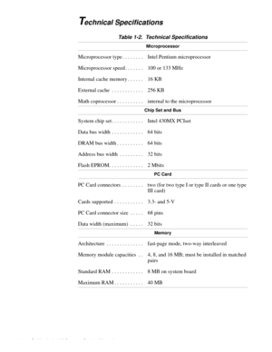 Page 181-8 Dell Latitude LM Systems Service Manual
Technical Specifications 
Table 1-2.  Technical Specifications 
Microprocessor
Microprocessor type . . . . . . . .  Intel Pentium microprocessor
Microprocessor speed . . . . . . .  100 or 133 MHz
Internal cache memory . . . . . .  16 KB 
External cache  . . . . . . . . . . . .  256 KB
Math coprocessor . . . . . . . . . .  internal to the microprocessor
Chip Set and Bus
System chip set . . . . . . . . . . . .  Intel 430MX PCIset
Data bus width  . . . . . . . . ....