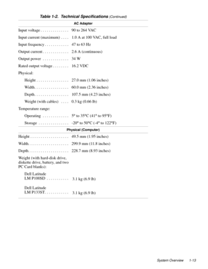 Page 23System Overview 1-13
AC Adapter
Input voltage . . . . . . . . . . . . . .  90 to 264 VAC 
Input current (maximum)  . . . .  1.0 A at 100 VAC, full load
Input frequency . . . . . . . . . . . .  47 to 63 Hz
Output current . . . . . . . . . . . . .  2.6 A (continuous)
Output power  . . . . . . . . . . . . .  34 W
Rated output voltage . . . . . . . .  16.2 VDC
Physical:
Height . . . . . . . . . . . . . . . .  27.0 mm (1.06 inches)
Width. . . . . . . . . . . . . . . . .  60.0 mm (2.36 inches)
Depth. . . . . ....