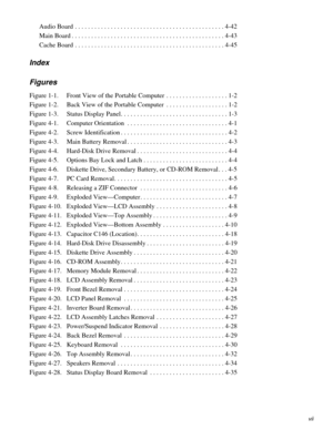 Page 5vii
Audio Board . . . . . . . . . . . . . . . . . . . . . . . . . . . . . . . . . . . . . . . . . . . . . . 4-42
Main Board . . . . . . . . . . . . . . . . . . . . . . . . . . . . . . . . . . . . . . . . . . . . . . . 4-43
Cache Board . . . . . . . . . . . . . . . . . . . . . . . . . . . . . . . . . . . . . . . . . . . . . . 4-45
Index 
Figures
Figure 1-1. Front View of the Portable Computer  . . . . . . . . . . . . . . . . . . . 1-2
Figure 1-2. Back View of the Portable Computer  . . . . . . . . . . . ....