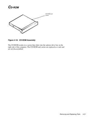 Page 57Removing and Replacing Parts 4-21
CD-ROM
Figure 4-16.  CD-ROM Assembly   
The CD-ROM resides in a carrier that slides into the options drive bay on the 
right side of the computer. The CD-ROM and carrier are replaced as a unit and 
are not disassembled. 
CD-ROM and 
carrier 