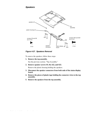 Page 704-34 Dell Latitude LM Systems Service Manual
Speakers
Figure 4-27.  Speakers Removal
To remove the speakers, follow these steps:
1. Remove the top assembly.
See the previous section, “Top Assembly.” 
2. Remove speaker screws S5, S6, S22, and S23.
Remove the plastic housing holding the speakers.
3. Disconnect the speaker connectors from both ends of the status display 
board.
4. Remove the pieces of plastic tape holding the connector wires to the top 
assembly.
5. Remove the speakers from the top...