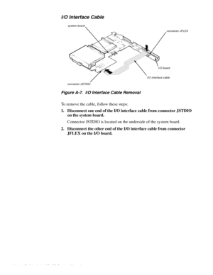 Page 104A-22 Dell Latitude XPi CD Service Manual
I/O Interface Cable
Figure A-7.  I/O Interface Cable Removal
To remove the cable, follow these steps:
1. Disconnect one end of the I/O interface cable from connector JSTDIO 
on the system board.
Connector JSTDIO is located on the underside of the system board.
2. Disconnect the other end of the I/O interface cable from connector 
JFLEX on the I/O board.
I/O interface cableconnector JFLEX
connector JSTDIO
I/O board system board 