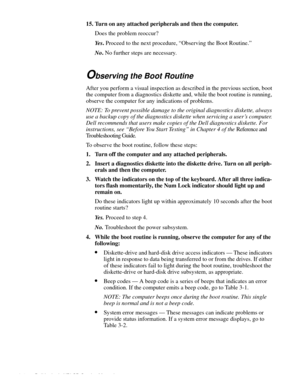Page 262-4 Dell Latitude XPi CD Service Manual
15. Turn on any attached peripherals and then the computer.
Does the problem reoccur?
Ye s. Proceed to the next procedure, “Observing the Boot Routine.”
No. No further steps are necessary.
Observing the Boot Routine
After you perform a visual inspection as described in the previous section, boot 
the computer from a diagnostics diskette and, while the boot routine is running, 
observe the computer for any indications of problems.
NOTE: To prevent possible damage to...