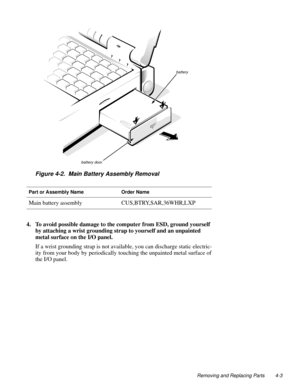Page 41Removing and Replacing Parts 4-3
Figure 4-2.  Main Battery Assembly Removal
4. To avoid possible damage to the computer from ESD, ground yourself 
by attaching a wrist grounding strap to yourself and an unpainted 
metal surface on the I/O panel.
If a wrist grounding strap is not available, you can discharge static electric-
ity from your body by periodically touching the unpainted metal surface of 
the I/O panel.
Part or Assembly NameOrder Name
Main battery assemblyCUS,BTRY,SAR,36WHR,LXP
battery...