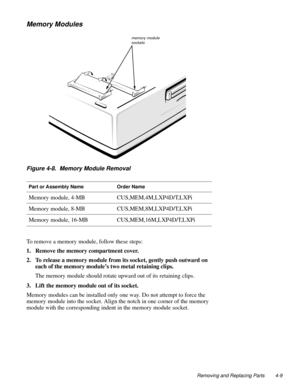 Page 47Removing and Replacing Parts 4-9
Memory Modules
Figure 4-8.  Memory Module Removal
To remove a memory module, follow these steps:
1. Remove the memory compartment cover.
2. To release a memory module from its socket, gently push outward on 
each of the memory module’s two metal retaining clips.
The memory module should rotate upward out of its retaining clips.
3. Lift the memory module out of its socket.
Memory modules can be installed only one way. Do not attempt to force the 
memory module into the...