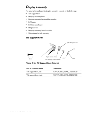 Page 544-16 Dell Latitude XPi CD Service Manual
Display Assembly
For removal procedures, the display assembly consists of the following:
•Tilt-support foot
•Display assembly bezel
•Display assembly latch and latch spring
•LCD panel
•LCD inverter board
•Hinge covers
•Display-assembly interface cable 
•Microphone/switch assembly
Tilt-Support Foot
Figure 4-13.  Tilt-Support Foot Removal
Part or Assembly NameOrder Name
Tilt-support foot, leftFOOT,PLSTC,REAR,LF,LXPiCD
Tilt-support foot,...