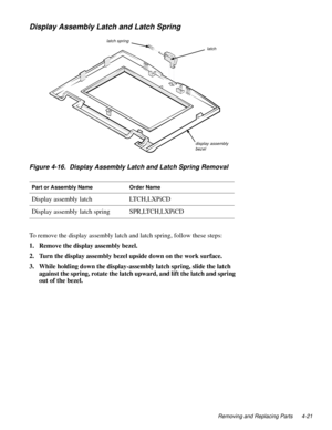 Page 59Removing and Replacing Parts 4-21
Display Assembly Latch and Latch Spring
Figure 4-16.  Display Assembly Latch and Latch Spring Removal
To remove the display assembly latch and latch spring, follow these steps:
1. Remove the display assembly bezel.
2. Turn the display assembly bezel upside down on the work surface.
3. While holding down the display-assembly latch spring, slide the latch 
against the spring, rotate the latch upward, and lift the latch and spring 
out of the bezel.
Part or Assembly...