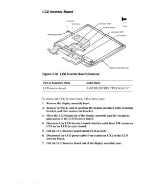 Page 624-24 Dell Latitude XPi CD Service Manual
LCD Inverter Board
Figure 4-18.  LCD Inverter Board Removal
To remove the LCD inverter board, follow these steps:
1. Remove the display assembly bezel.
2. Remove screws I1 and I2 securing the display-interface cable retaining 
bracket, and then remove the bracket.
3. Move the LED board out of the display assembly case far enough to 
gain access to the LCD inverter board.
4. Disconnect the LCD-inverter board interface cable from ZIF connector 
CN1 on the LCD...