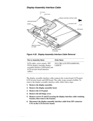 Page 644-26 Dell Latitude XPi CD Service Manual
Display-Assembly Interface Cable
    
Figure 4-20.  Display-Assembly Interface Cable Removal   
The display-assembly interface cable connects the system board, LCD panel, 
LCD inverter board, and LED board. The cable wraps around a bobbin. To 
remove the display-assembly interface cable, follow these steps:
1. Remove the display assembly.
2. Remove the display assembly bezel.
3. Remove the LCD panel.
4. Remove the left hinge cover.
5. Remove screws I1 and I2...