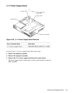Page 79Removing and Replacing Parts 4-41
3.1-V Power Supply Board
Figure 4-29.  3.1-V Power Supply Board Removal
To remove the 3.1-V power supply board, follow these steps:
1. Remove the palmrest assembly
2. Remove the superpart assembly.
3. Remove the 3.1-V power supply board from the system board.
The power supply board is held in place on the system board by connectors 
JPS1 and JPS2.
Part or Assembly NameOrder Name
3.1-V power supply boardCRD,PWR SPLY,LXPiCD,V3.1,NBK
connector JPS1
connector JPS2
bottom...