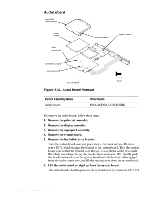 Page 824-44 Dell Latitude XPi CD Service Manual
Audio Board
Figure 4-32.  Audio Board Removal
To remove the audio board, follow these steps:
1. Remove the palmrest assembly.
2. Remove the display assembly.
3. Remove the superpart assembly.
4. Remove the system board.
5. Remove the hard-disk drive bracket.
Turn the system board over and place it on a flat work surface. Remove 
screw HD1, which secures the bracket to the system board. Turn the system 
board over so that the bracket is on the top. Use a plastic...