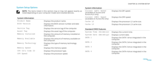 Page 10801080108/
CHAPTER 22: SYSTEM SETUP 
System Information
Current (QPI) Speed (available on Aurora and Aurora ALX only)
Displays the QPI speed.
Current (DMI) Speed (available on Aurora-R2 only)Displays the DMI speed.
Cache L2Displays the processor L2 cache size.
Cache L3Displays the processor L3 cache size.
Standard CMOS Features 
System Time (hh:mm:ss) Displays the current time.
System Date (mm:dd:yy) Displays current date.
SATA 1Displays the SATA 1 drive integrated in the computer.
SATA 2Displays the SATA...