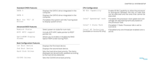 Page 10901090109/
CHAPTER 22: SYSTEM SETUP 
CPU Configuration
XD Bit Capability Enable XD Bit Capability to allow the processor to  distinguish  between  the  bits  of  code  that can  be  executed  and  the  ones  that  cannot  be executed. 
Intel® Speedstep™ tech If enabled, the processor clock speed and core voltage are adjusted dynamically based on the processor load.
Intel® C State TechIf enabled, C State: Processor idle is set to  C2/C3/C4.
Intel® HT Technology (available on Aurora-R2 only)If disabled only...