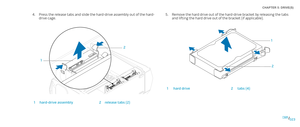 Page 23023023/
CHAPTER 5: DRIVE(S) 
Press the release tabs and slide the hard-drive assembly out of the hard- 4. drive cage.
12
1hard-drive assembly2release tabs (2)
Remove the hard drive out of the hard-drive bracket by releasing the tabs 5. and lifting the hard drive out of the bracket (if applicable).
2
1
1hard drive2tabs (4) 