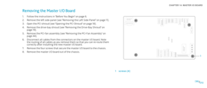 Page 72072072/
CHAPTER 14: MASTER I/O BOARD 
Removing the Master I/O Board 
Follow the instructions in “Before You Begin” on page 1. 6.
Remove the left side-panel (see “Removing the Left Side-Panel“ on page 2. 11).
Open the PCI shroud (see “Opening the PCI Shroud“ on page 3. 18).
Remove the drive-bay shroud (see “Removing the Drive-Bay Shroud” on 4. page 19).
Remove the PCI-fan assembly (see “Removing the PCI-Fan Assembly” on 5. page 44).
Disconnect all cables from the connectors on the master I/O board. Note...