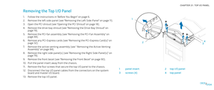 Page 10401040104/
CHAPTER 21: TOP I/O PANEL 
3
1
42
1panel insert2top I/O panel
3screws (4) 4top panel
Removing the Top I/O Panel 
Follow the instructions in “Before You Begin” on page 1. 6.
Remove the left side-panel (see “Removing the Left Side-Panel“ on page 2. 11).
Open the PCI shroud (see “Opening the PCI Shroud“ on page 3. 18).
Remove the drive-bay shroud (see “Removing the Drive-Bay Shroud” on 4. page 19).
Remove the PCI-fan assembly (see “Removing the PCI-Fan Assembly” on 5. page 44).
Remove any...
