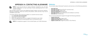 Page 11701170117/
APPENDIX A: CONTACTING ALIENWARE 
Websites
You can learn about Alienware® products and services on the following websites:
www.dell.com• www.dell.com/ap•  (Asian/Pacific countries only)www.dell.com/jp•  (Japan only)www.euro.dell.com•  (Europe only)www.dell.com/la•  (Latin American and Caribbean countries)www.dell.ca•  (Canada only)
You can access Alienware Support through the following websites:
support.dell.com•  support.jp.dell.com•  (Japan only)support.euro.dell.com•  (Europe...