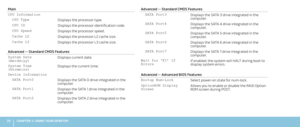 Page 3028CHAPTER 3: USING YOUR DESKTOP 
Main
CPU Information
CPU TypeDisplays the processor type.
CPU IDDisplays the processor identification code.
CPU Speed Displays the processor speed.
Cache L2Displays the processor L2 cache size.
Cache L3Displays the processor L3 cache size.
Advanced — Standard CMOS Features 
System Date (mm:dd:yy) Displays current date.
System Time (hh:mm:ss) Displays the current time.
Device Information
SATA Port0Displays the SATA 0 drive integrated in the computer.
SATA Port1Displays the...