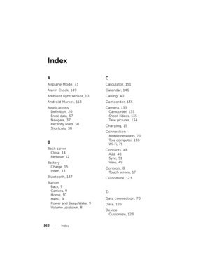 Page 162162Index
Index
A
Airplane Mode, 73
Alarm Clock, 149
Ambient light sensor, 10
Android Market, 118
Applications
Definition, 2 0
Erase data, 6 7
Navigate, 37
Recently used, 3 8
Shortcuts, 3 8
B
Back cover
Close, 14
Remove, 12
Battery
Charge, 1 5
Insert, 13
Bluetooth, 137
Button
Back, 9
Camera, 9
Home, 10
Menu, 9
Power and Sleep/Wake, 9
Volume up/down, 8
C
Calculator, 151
Calendar, 146
Calling, 40
Camcorder, 135
Camera, 133
Camcorder, 135
Shoot videos, 1 3 5
Ta k e  p i c t u r e s , 1 3 4
Charging, 15...