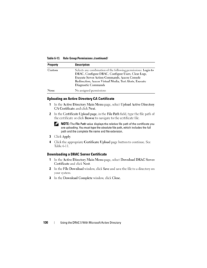 Page 130130Using the DRAC 5 With Microsoft Active Directory
Uploading an Active Directory CA Certificate
1In the Active Directory Main Menu page, select Upload Active Directory 
CA Certificate
 and click Next.
2In the Certificate Upload page, in the File Path field, type the file path of 
the certificate or click 
Browse to navigate to the certificate file.
 NOTE: The File Path value displays the relative file path of the certificate you 
are uploading. You must type the absolute file path, which includes the...