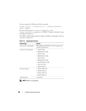 Page 208208Configuring Security Features
You can change the SSH port with the command:
racadm config -g cfgRacTuning -o cfgRacTuneSshPort 
 
For more information on cfgSerialSshEnable and 
cfgRacTuneSshPort properties, see DRAC 5 Property Database Group 
and Object Definitions.
The DRAC 5 SSH implementation supports multiple cryptography schemes, 
as shown in Table 11-6.
 NOTE: SSHv1 is not supported. Table 11-6. Cryptography Schemes
Scheme Type Scheme
Asymmetric Cryptography Diffie-Hellman DSA/DSS 512-1024...