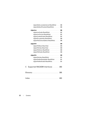 Page 2222Contents
cfgIpmiSolAccumulateInterval (Read/Write) . . .  386
cfgIpmiSolSendThreshold (Read/Write)
. . . . . .  386
cfgIpmiLan
. . . . . . . . . . . . . . . . . . . . . . . .  386
cfgIpmiLanEnable (Read/Write)
 . . . . . . . . . .  387
cfgIpmiLanPrivLimit (Read/Write)
 . . . . . . . . .  387
cfgIpmiLanAlertEnable (Read/Write)
. . . . . . . .  387
cfgIpmiEncryptionKey (Read/Write)
. . . . . . . .  388
cfgIpmiPetCommunityName (Read/Write)
. . . . .  388
cfgIpmiPef
. . . . . . . . . . . . . . . . . . . ....