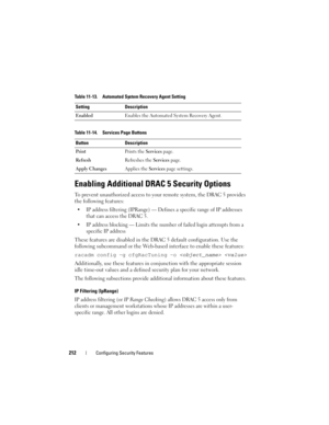 Page 212212Configuring Security Features
Enabling Additional DRAC 5 Security Options
To prevent unauthorized access to your remote system, the DRAC 5 provides 
the following features:
 IP address filtering (IPRange) — Defines a specific range of IP addresses 
that can access the DRAC 5. 
 IP address blocking — Limits the number of failed login attempts from a 
specific IP address
These features are disabled in the DRAC 5 default configuration. Use the 
following subcommand or the Web-based interface to enable...