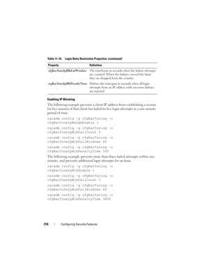 Page 216216Configuring Security Features
Enabling IP Blocking
The following example prevents a client IP address from establishing a session 
for five minutes if that client has failed its five login attempts in a one-minute 
period of time. 
racadm config -g cfgRacTuning -o 
cfgRacTuneIpRangeEnable 1
racadm config -g cfgRacTuning -o 
cfgRacTuneIpBlkFailCount 5
racadm config -g cfgRacTuning -o 
cfgRacTuneIpBlkFailWindows 60
racadm config -g cfgRacTuning -o 
cfgRacTuneIpBlkPenaltyTime 300
The following example...