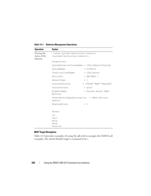 Page 226226Using the DRAC 5 SM-CLP Command Line Interface
MAP Target Navigation
Table 12-8 provides examples of using the cd verb to navigate the MAP. In all 
examples, the initial default target is assumed to be /.
Table 12-7. Batteries Management Operations
Operation Syntax
Viewing the 
status of the 
batteries->show system1/batteries1/sensor1
/system1/batteries1/sensor1:
Properties:
SystemCreationClassName = CIM_ComputerSystem
SystemName              = F196P1S
CreationClassName       = CIM_Sensor
DeviceID...