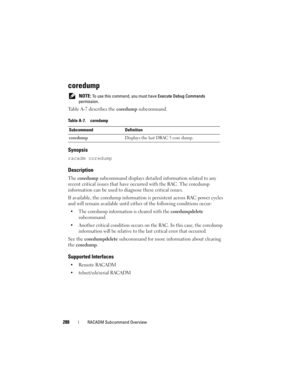 Page 288288RACADM Subcommand Overview
coredump
 NOTE: To use this command, you must have Execute Debug Commands 
permission.
Table A-7 describes the coredump subcommand.
Synopsis
racadm coredump
Description
The coredump subcommand displays detailed information related to any 
recent critical issues that have occurred with the RAC. The coredump 
information can be used to diagnose these critical issues.
If available, the coredump information is persistent across RAC power cycles 
and will remain available until...