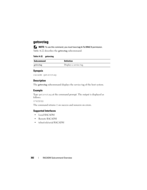 Page 302302RACADM Subcommand Overview
getsvctag
 NOTE: To use this command, you must have Log In To DRAC 5 permission.
Table A-22 describes the getsvctag subcommand.
Synopsis
racadm getsvctag
Description
The getsvctag subcommand displays the service tag of the host system.
Example
Type getsvctag at the command prompt. The output is displayed as 
follows: 
Y76TP0G
The command returns 0 on success and nonzero on errors.
Supported Interfaces
 Local RACADM
 Remote RACADM
 telnet/ssh/serial RACADM
Table A-22....