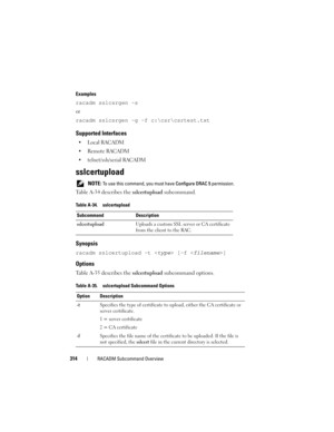 Page 314314RACADM Subcommand Overview
Examples
racadm sslcsrgen -s
or
racadm sslcsrgen -g -f c:\csr\csrtest.txt
Supported Interfaces
 Local RACADM
 Remote RACADM
 telnet/ssh/serial RACADM
sslcertupload
 NOTE: To use this command, you must have Configure DRAC 5 permission.
Table A-34 describes the sslcertupload subcommand.
Synopsis
racadm sslcertupload -t  [-f ]
Options
Table A-35 describes the sslcertupload subcommand options.
Table A-34. sslcertupload
Subcommand Description
sslcertuploadUploads a custom SSL...