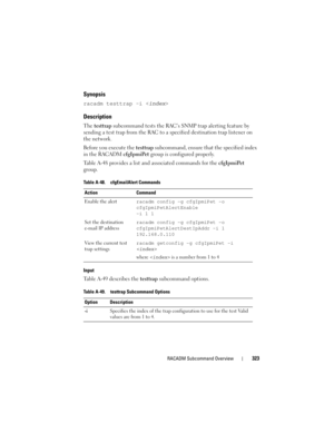 Page 323RACADM Subcommand Overview323
Synopsis
racadm testtrap -i 
Description
The testtrap subcommand tests the RAC’s SNMP trap alerting feature by 
sending a test trap from the RAC to a specified destination trap listener on 
the network. 
Before you execute the testtrap subcommand, ensure that the specified index 
in the RACADM cfgIpmiPet group is configured properly.
Table A-48 provides a list and associated commands for the cfgIpmiPet 
group.
Input
Table A-49 describes the testtrap subcommand options.
Table...