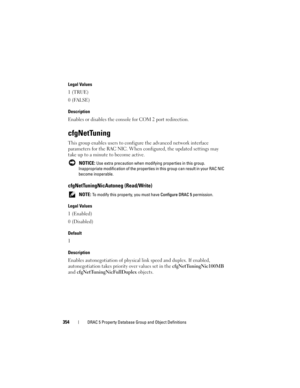 Page 354354DRAC 5 Property Database Group and Object Definitions
Legal Values
1 (TRUE)
0 (FALSE)
Description
Enables or disables the console for COM 2 port redirection.
cfgNetTuning
This group enables users to configure the advanced network interface 
parameters for the RAC NIC. When configured, the updated settings may 
take up to a minute to become active.
 NOTICE: Use extra precaution when modifying properties in this group. 
Inappropriate modification of the properties in this group can result in your RAC...