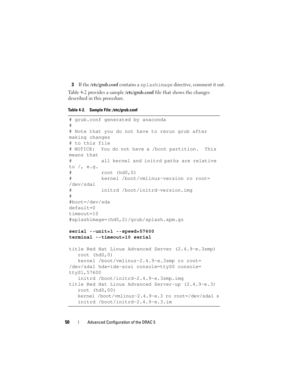 Page 5050Advanced Configuration of the DRAC 5
3If the /etc/grub.conf contains a splashimage directive, comment it out.
Table 4-2 provides a sample /etc/grub.conf file that shows the changes 
described in this procedure.
Table 4-2. Sample File: /etc/grub.conf
# grub.conf generated by anaconda
#
# Note that you do not have to rerun grub after 
making changes 
# to this file
# NOTICE: You do not have a /boot partition. This 
means that
# all kernel and initrd paths are relative 
to /, e.g.
# root (hd0,0)
# kernel...