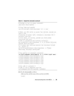 Page 53Advanced Configuration of the DRAC 553
Edit the file /etc/securetty as follows:
Add a new line with the name of the serial tty for COM2:
ttyS1 # Things to run in every runlevel.
ud::once:/sbin/update
# Trap CTRL-ALT-DELETE
ca::ctrlaltdel:/sbin/shutdown -t3 -r now
# When our UPS tells us power has failed, assume we 
have a few
# minutes of power left. Schedule a shutdown for 2 
minutes from now.
# This does, of course, assume you have power 
installed and your
# UPS is connected and working correctly....