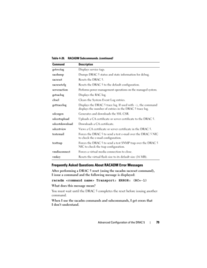 Page 79Advanced Configuration of the DRAC 579
Frequently Asked Questions About RACADM Error Messages
After performing a DRAC 5 reset (using the racadm racreset command), 
I issue a command and the following message is displayed: 
racadm  Transport: ERROR: (RC=-1)
What does this message mean?
You must wait until the DRAC 5 completes the reset before issuing another 
command.
When I use the racadm commands and subcommands, I get errors that 
I don’t understand.
getsvctagDisplays service tags.
racdumpDumps DRAC 5...