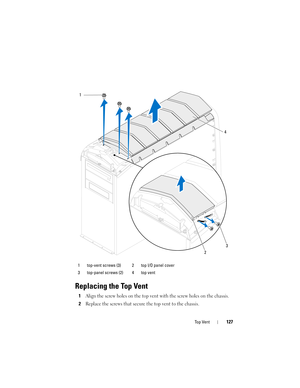 Page 127Top Vent127
Replacing the Top Vent
1Align the screw holes on the top vent with the screw holes on the chassis.
2Replace the screws that secure the top vent to the chassis.
1 top-vent screws (3)  2 top I/O panel cover
3 top-panel screws (2) 4 top vent
1
23
4
book.book  Page 127  Wednesday, May 16, 2012  2:37 PM 