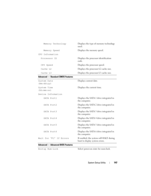Page 147System Setup Utility147
Memory TechnologyDisplays the type of memory technology 
used.
Memory SpeedDisplays the memory speed.
CPU Information
Processor IDDisplays the processor identification 
code.
CPU Speed Displays the processor speed.
Cache L2Displays the processor L2 cache size.
Cache L3Displays the processor L3 cache size.
Advanced — Standard CMOS Features
System Date 
(mm:dd:yy)Displays current date.
System Time 
(hh:mm:ss)Displays the current time.
Device Information
SATA Port1Displays the SATA 1...