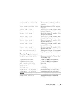 Page 151System Setup Utility151
Long duration maintainedAllows you to change the long duration 
time limit.
Short duration power limitAllows you to change the short duration 
power limit.
1-Core Ratio LimitAllows you to change the ratio limit of the 
processor’s first core.
2-Core Ratio LimitAllows you to change the ratio limit of the 
processor’s second core.
3-Core Ratio LimitAllows you to change the ratio limit of the 
processor’s third core.
4-Core Ratio LimitAllows you to change the ratio limit of the...