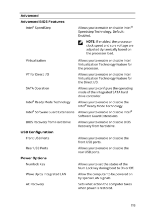 Page 119AdvancedAdvanced BIOS FeaturesIntelR SpeedStepAllows you to enable or disable Intel R 
Speedstep Technology. Default: 
Enabled.
NOTE: If enabled, the processor 
clock speed and core voltage are 
adjusted dynamically based on  the processor load.
VirtualizationAllows you to enable or disable Intel 
Virtualization Technology feature for  the processor.VT for Direct I/OAllows you to enable or disable Intel 
Virtualization Technology feature for  the Direct I/O.SATA OperationAllows you to configure the...