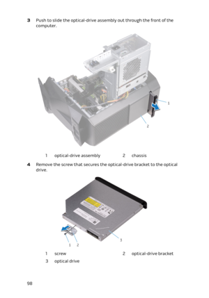 Page 983 Push to slide the optical-drive assembly out through the front of the 
computer.1optical-drive assembly2chassis
4 Remove the screw that secures the optical-drive bracket to the optical 
drive.
1screw2optical-drive bracket3optical drive98 